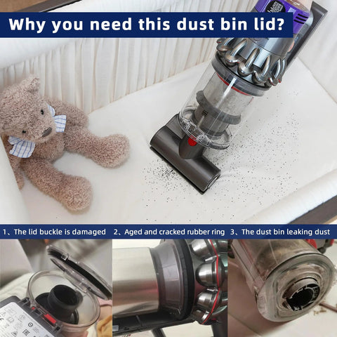 Dyson Dust Bin Lid Replacement for V7 V8 SV10 SV11 Vacuum Cleaner leaking dust, images show lid and vacuum issues.