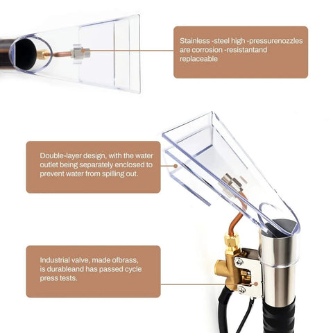 Close-up of extractor wand and cleaning head for vacuum cleaners with sealed spray design, brass valve, and stainless-steel nozzle.