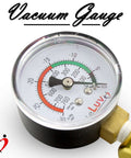 Close-up of vacuum gauge on Ultima Brass Vacuum Pump Handle, displaying pressure from 0 to 30 Hg, for precise mechanical measuring.