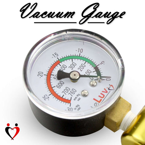 Vacuum gauge from Ultima Vacuum Pump Handle With Gauge, showing 0 to 760 mmHg range, part of silver aluminum chamber and blue padded grips.