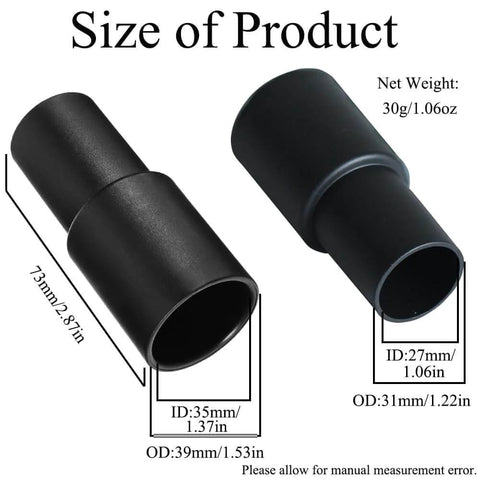 Two Piece Universal Vacuum Hose Adapter Kit showing size dimensions and polypropylene construction, converts 1.26 inch to 1.37 inch.