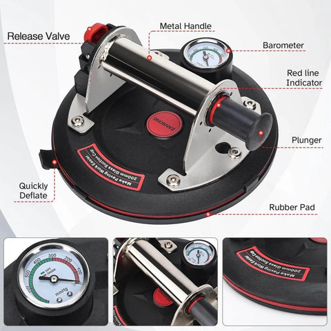 Beefed Up Heavy Duty Vacuum Suction Cup Lifter with built-in pressure gauge, metal handle, barometer, and rubber pad for safe lifting