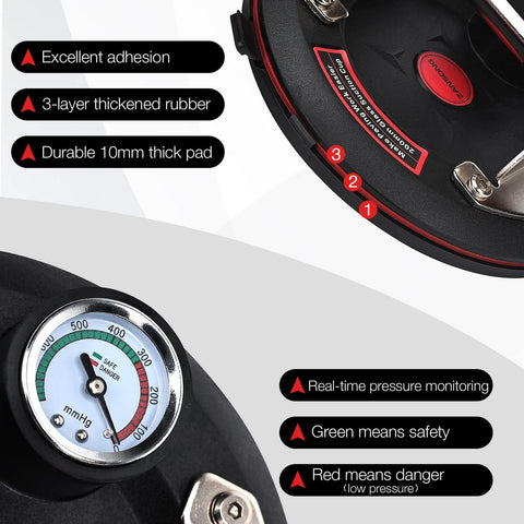 Close-up of Beefed Up Heavy Duty Vacuum Suction Cup Lifter with pressure gauge showing real-time pressure monitoring and rubber components.