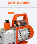 3.5 CFM 110V Single Stage Rotary Vane Vacuum Pump with air inlet/outlet, features 1/4" SAE fittings, orange and silver design, EcoExplorer