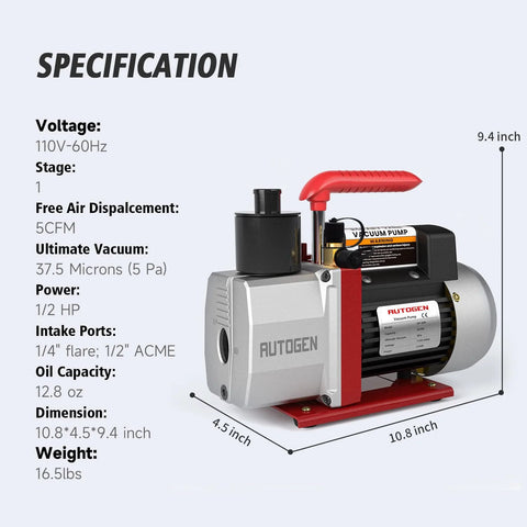 Beast 5 CFM Vacuum Pump With Half HP All Copper Motor for HVAC R12 R22 R134a R410a 110V 60Hz with specifications label
