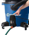 Heavy-Duty Wet/Dry Vacuum Pump Accessory PE401 with drain attachment and strainer, showing connection to blue shop vac