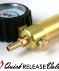 Ultima Vacuum Pump Handle With Gauge, Protective Rubber Cover, Silver Aluminum Chamber, Close-up of Brass Nozzle