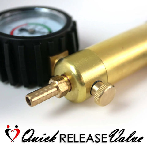 Ultima Vacuum Pump Handle With Gauge, Protective Rubber Cover, Silver Aluminum Chamber, Close-up of Brass Nozzle