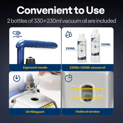 Two Stage Sparkless HVAC Vacuum Pump 0.5 HP 5 CFM with dual vacuum oil bottles, ergonomic handle, and visible oil window from VIVOHOME