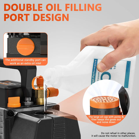 Double oil filling port on 5CFM Rotary Vane Vacuum Pump For HVAC Systems 0.5 HP 110V, showing oil pouring into the pump
