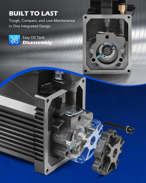 Disassembled view of auto HVAC vacuum pump engine showcasing design and easy oil tank access