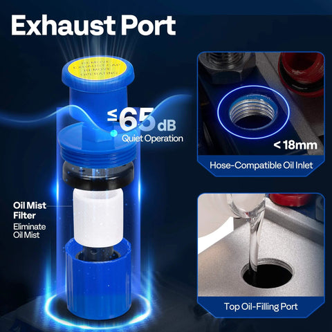Exhaust port of VIVOHOME 5 CFM 1/2 HP 2 Stage HVAC Vacuum Pump with oil mist filter and hose-compatible oil inlet