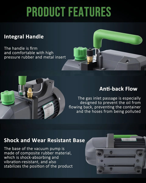 High Performance Three Point Five CFM Single Stage HVAC Vacuum Pump features integral handle, anti-back flow, and wear-resistant base.