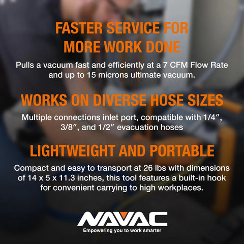 Pro Series 7 CFM Dual Stage Vacuum Pump With Integrated Cylinder And Forced Oil Circulation, Navac NP7DP features