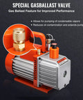 Powerful 5 CFM Two Stage Rotary Vane Vacuum Pump With Sparkless Motor for HVAC and Auto Repair, featuring special gas ballast valve.