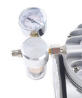 Close-up of the Oil Free Diaphragm Vacuum Pump For Food Packaging And Handicrafts with gauge and fittings, durable and portable.
