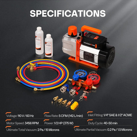 All In One Vacuum Pump And Gauge Kit For Auto HVAC Systems With Half HP Two Stage Vacuum Pump 5 CFM Deep Vacuum 15 Micron