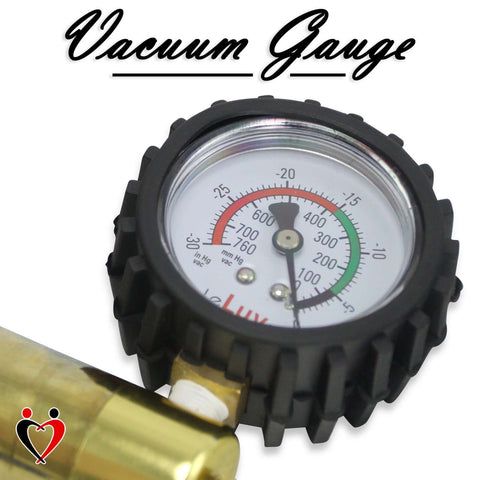 Close-up of Ultima Vacuum Pump Handle With Gauge, Protective Rubber Cover, Silver Aluminum Chamber, Black Ergonomic Silicone Grips