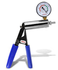 Ultima Vacuum Pump Handle With Gauge, Silver Aluminum Chamber And Blue Padded Rubber Grips, shown standing upright.