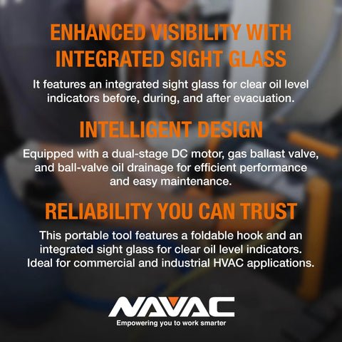 Industrial Grade Vacuum Pump For HVAC Evacuation With 12 CFM Flow And 5 Micron Ultimate Vacuum Dual Stage DC Motor Built For Commercial Settings And Workhorse Daily Use NAVAC NP12DM With Durable Aluminum Construction And Low Noise Operation, highlighting integrated sight glass and intelligent design features.