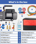 Image of Rugged 3.5 CFM Single Stage Rotary Vane Vacuum Pump with Manifold Gauge Set, hoses, adapters, oil, and carry bag for HVAC.