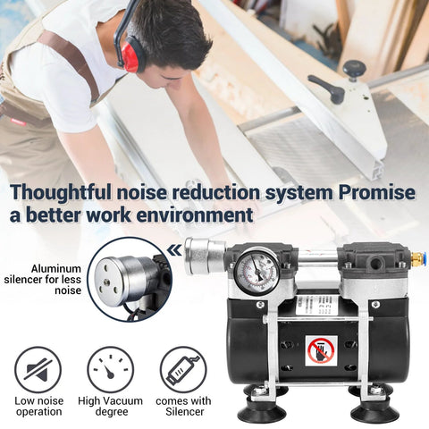 Oil Free Vacuum Pump 50 L Per Minute for Lab Electronics with silencer and vacuum meter next to worker in workshop