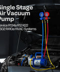 High Performance 4 CFM Single Stage Rotary Vane Vacuum Pump With R134a AC Manifold Gauge Set Leak Detector for HVAC in use