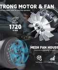 Close-up of motor fan display showcasing 1720 RPM speed and mesh fan housing, emphasizing cooling and efficiency of HVAC systems.
