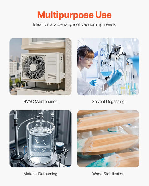 two-stage 6 CFM vacuum pump uses for HVAC, solvent degassing, material defoaming, and wood stabilization