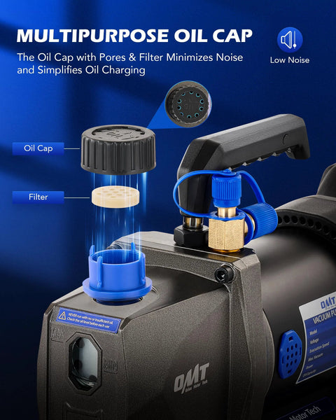 Multipurpose oil cap and filter on cordless 3 CFM vacuum pump for auto AC service with lithium ion battery by Orion Motor Tech