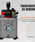 Front view of Single-Stage 4.5CFM Vacuum Pump with transparent oil window and large oil sight glass, 1/3HP 5Pa 110V Air Vacuum Pump.