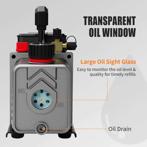 Front view of Single-Stage 4.5CFM Vacuum Pump with transparent oil window and large oil sight glass, 1/3HP 5Pa 110V Air Vacuum Pump.