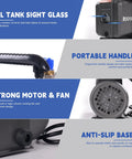 Features of heavy duty vacuum pump for HVAC including oil tank sight glass, portable handle, strong motor, and anti-slip base.