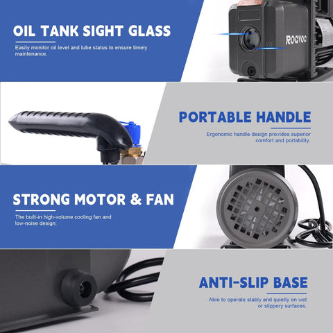 Features of heavy duty vacuum pump for HVAC including oil tank sight glass, portable handle, strong motor, and anti-slip base.