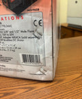 Box corner of Go-To 6 CFM 2-Stage Sparkless Battery Powered Vacuum Pump For HVAC on wooden table showing specifications.