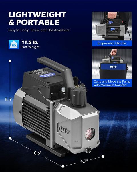 Lightweight auto HVAC vacuum pump highlighting ergonomic design and portability for easy transport; specs: 11.5 lb, 8.5" x 10.6" x 4.7".