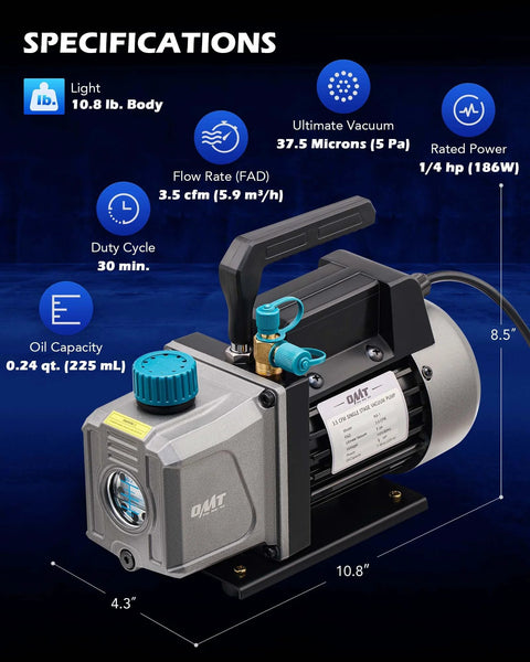 Professional Auto AC Vacuum Pump And Gauge Kit For R134a R12 R22 R502, includes 1/4 HP vacuum pump, specifications highlighted.