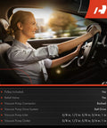 Woman driving car with vacuum pump specs overlay; Vacuum Pump Replacement For Ford F150 F250 F350 E150 Econoline 1992 1993 Direct Fit.