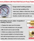 Common problems with Hand Held Vacuum Pump Tester Kit, featuring gauge issues and leaks description, highlighting valve core and small umbrella.