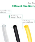 Portable Vacuum Pump For Lab Filtration And Distillation tubing connectors in transparent, black, and yellow for various nozzle sizes.