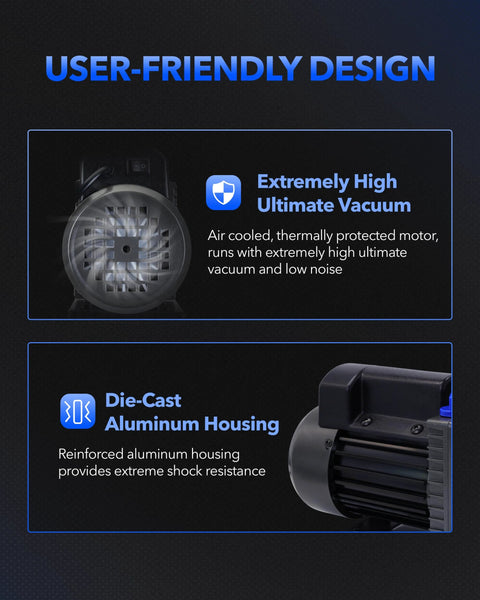 High Performance 3.5 CFM Vacuum Pump For HVAC Systems details, featuring aluminum housing and high ultimate vacuum motor design.