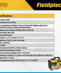 Fieldpiece VP67 portable HVAC vacuum pump specs and features.