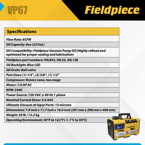 Fieldpiece VP67 portable HVAC vacuum pump specs and features.