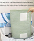 Person placing a rug with a 4-Piece Vacuum Tech Rug Pad Grippers For Hardwood Floors And Under Rugs Tape in a washing machine, showcasing washability.