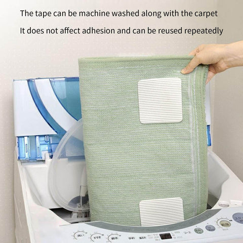 Person placing a rug with a 4-Piece Vacuum Tech Rug Pad Grippers For Hardwood Floors And Under Rugs Tape in a washing machine, showcasing washability.