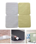 4-Piece Vacuum Tech Rug Pad Grippers For Hardwood Floors And Under Rugs Tape shown on wood floors, attached to rugs and in washing machine