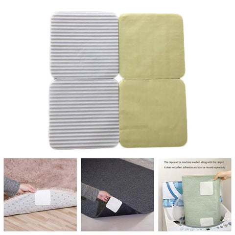 4-Piece Vacuum Tech Rug Pad Grippers For Hardwood Floors And Under Rugs Tape shown on wood floors, attached to rugs and in washing machine