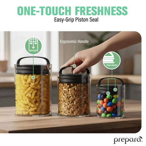 Compact Vacuum Seal Canisters With Twin Valve Airtight Lids, BPA Free, Short Set Of 3 With Piston Grip Lid on Kitchen Counter