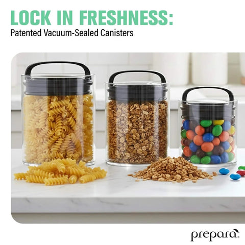 Compact Vacuum Seal Canisters with Twin Valve Airtight Lids, BPA Free, Short Set Of 3 In Assorted Sizes For Coffee, Tea And Snacks