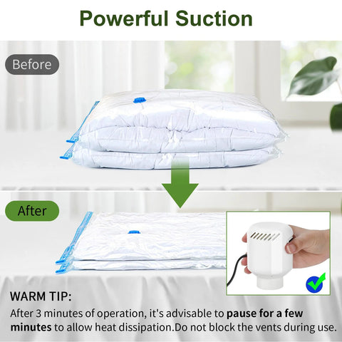 Electric Air Pump For Vacuum Storage Bags showing before and after compression with vacuum seal pump for clothing and blankets